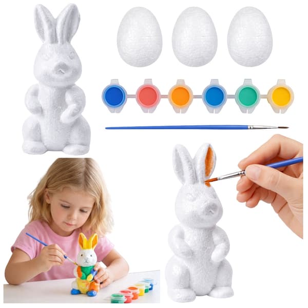 Påskmålarset styrofoamägg 3-pack + kaninfigur, 6 färger & pensel