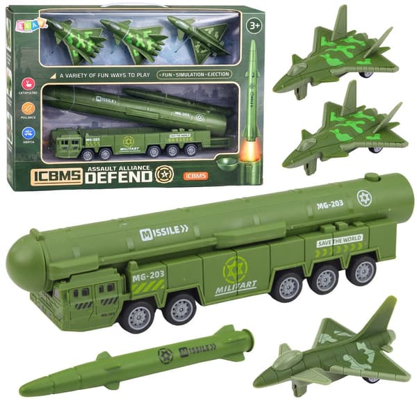 Militärleksaksset raketlastbil med avfyrningsknapp + stridsflygplan dragback