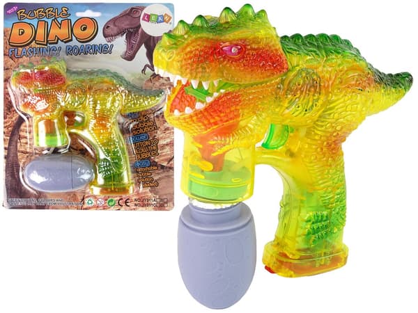 Dinosaurie såpbubbelmaskin gul med 2 flaskor såpbubbelvätska 3+