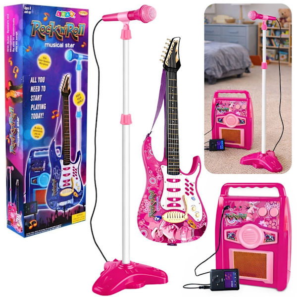 Leksakselgitarr rosa med mikrofon, stativ & förstärkare 72 cm