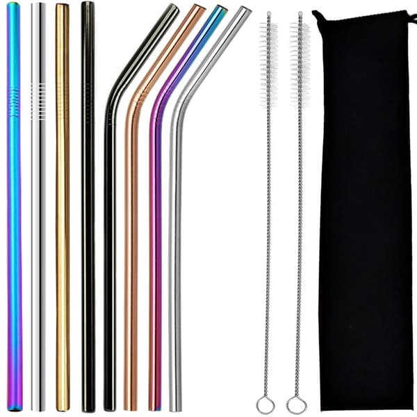 Metalsugerør rustfrit stål 8-pack (4 lige/4 bøjede) + 2 børster