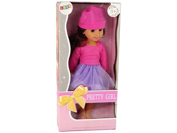 Mode-docka 35 cm med långt brunt hår, blus, tullekjol & rosa hatt