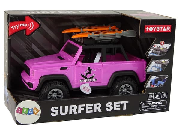 Legetøjsbil off-road rosa 1:14 med lys/lyd, surfbrætter 21 cm