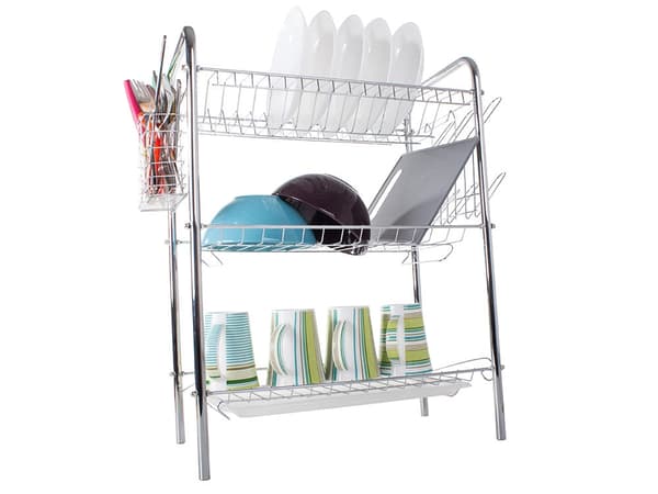 Diskställ 3 nivåer med droppbricka, metall/plast, silver, 56 cm