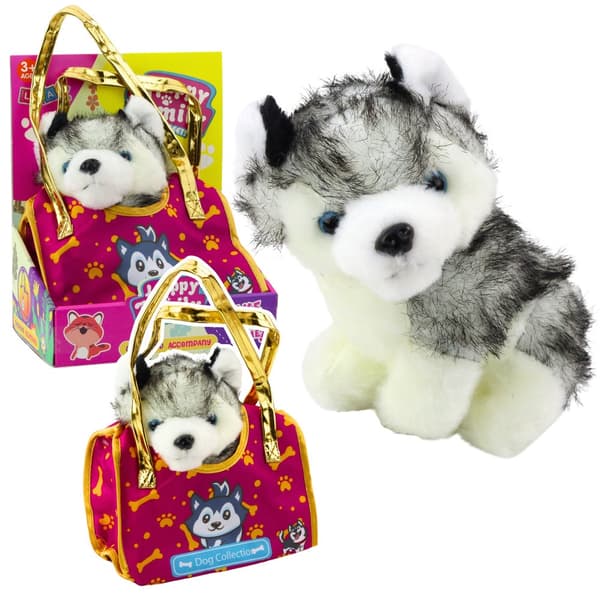 Pehmohusky laukussa husky-kuviolla, valkoinen/harmaa/musta 25 cm