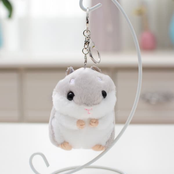 Nyckelring plyschhamster 10 cm grå/vit med karbinhake