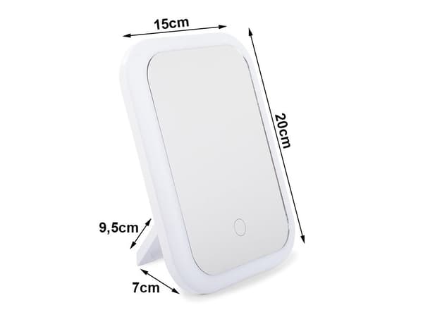 LED-makeupspejl 15 x 20 cm med touch og foldbart stativ USB/batteri