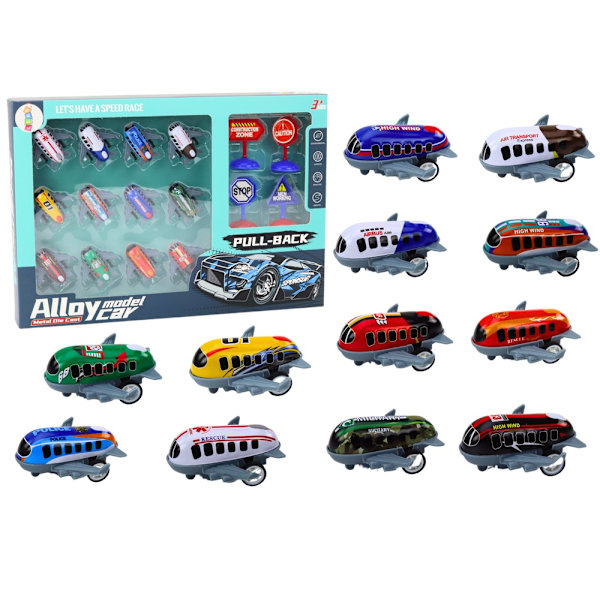 Leksaksflygplan set 12-pack 5 cm med 4 vägskyltar, från 3 år