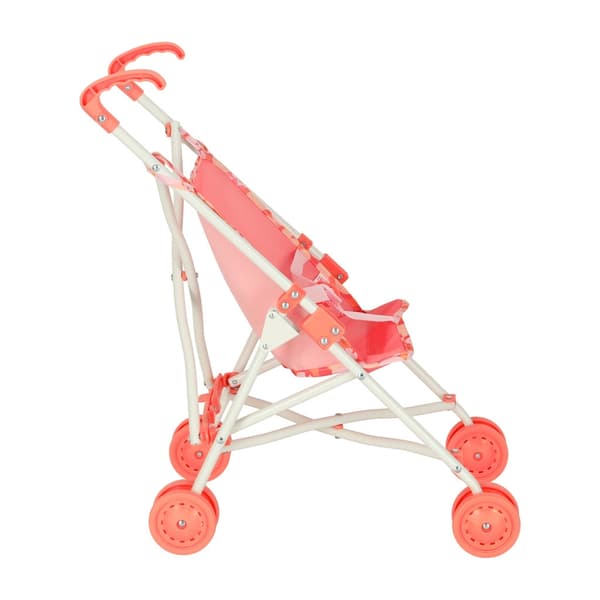 Fällbar dockvagn rosa, höjdjusterbar med 4 hjul och säkerhetsrem