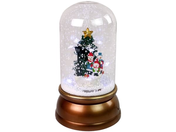 Julepynt sneglobus med snemænd, lyd/lys og sneeffekt, 32 cm