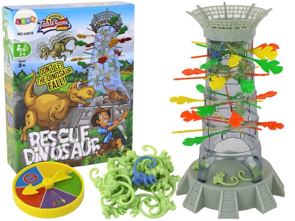 Falling Dinosaurs seurapeli tornilla ja 18 dinosaurusfiguurilla, alkaen 3 år