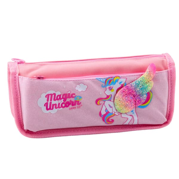 Penal rosa 3D-unicorn med glitrende vinge, plast 21,5x9x7 cm