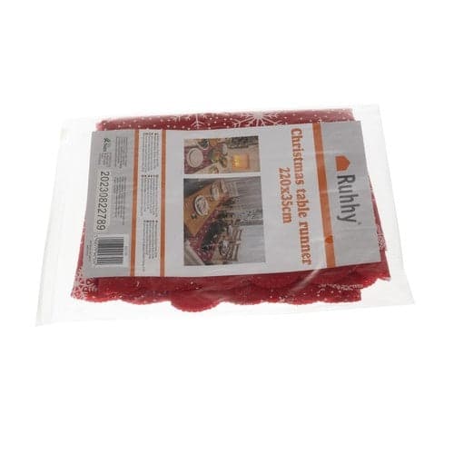Julebordløber rød med hvide snefnug 220x35 cm polyester