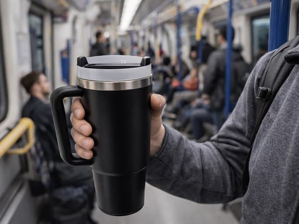 Termosmuki 1,2 L pillillä ja kahvalla, ruostumaton teräs musta