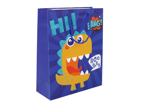Papperspresentpåse mörkblå dinosaurie med glitter 32x26x10 cm