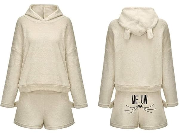 Pyjamassæt til dame 100% bomuld langærmet + shorts beige XL 2 dele