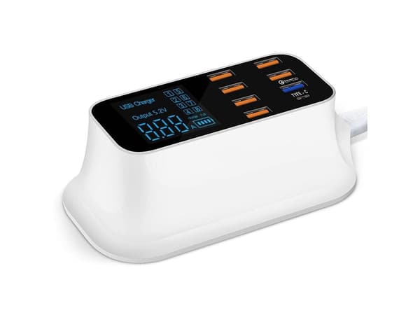 USB-oplader 8 porte med LED-display QC 3.0 + USB-C hvid