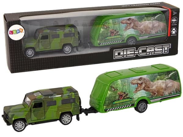 Dinosaurio-jeep-lelu perävaunulla 13 cm, takavetoinen, 3+ vuotta