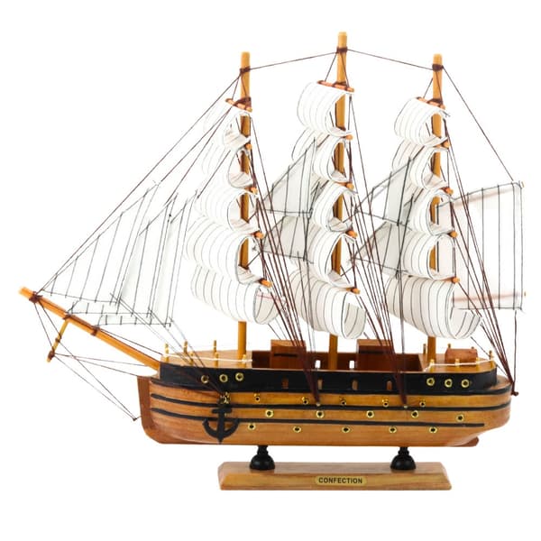 Modelsejlskib 3-mastet i træ 39x36 cm med base og skilt