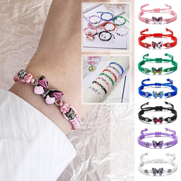Enkelt flätat snöre armband för kvinnor blå fjäril justerbar flickpresent C0 Red One size