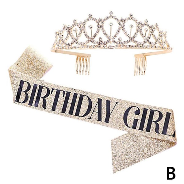 Födelsedag Tiara och Sash Kit Rhinestone Princess Crown for Birthd Gold One size