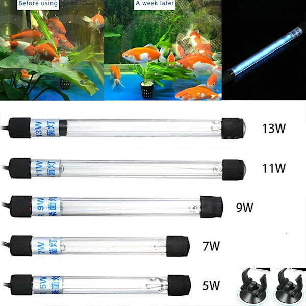 Fiskhållare Germicidal UV-ljus Sterilisator Damm Akvarium Nedsänkbar Rengöringslampa BlackE 13W