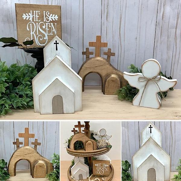 4 ST Påsk Tom Grav Dekor Trä Nativity Scene Set Uppståndelse`-