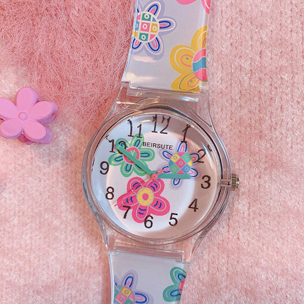 Dam Sommar Transparent Flower Watches Färgglada Casual Round Di C One size