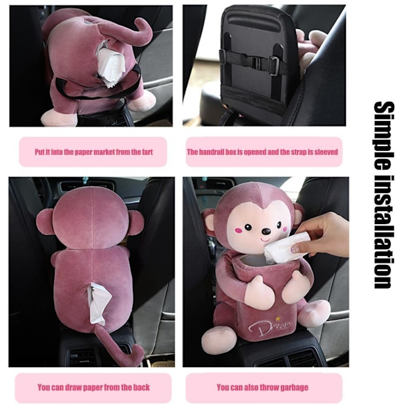 2-i-1 Vävnadsask & Papperskorg Bilinredning Dekoration Använd Söt Dua Pink Monkey One-size