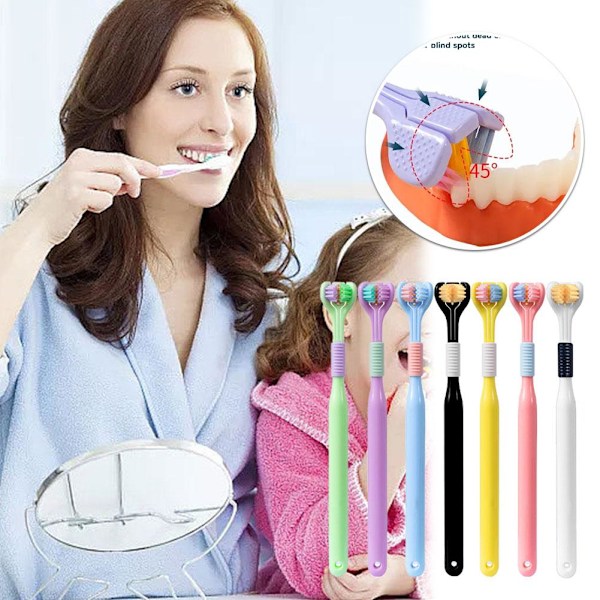 3-sidig tandborste för vuxna med tre huvuden i U-form - Macaronfärg black 1pcs