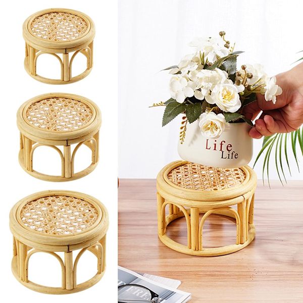 RJSQAQE Rattan Plant Stands, Liten Boho Rattan Wicker Rund Riser RattanS S