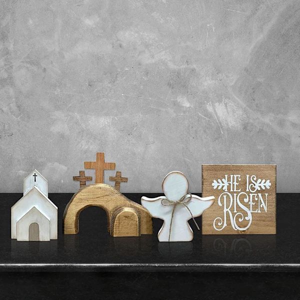 4 ST Påsk Tom Grav Dekor Trä Nativity Scene Set Uppståndelse`-