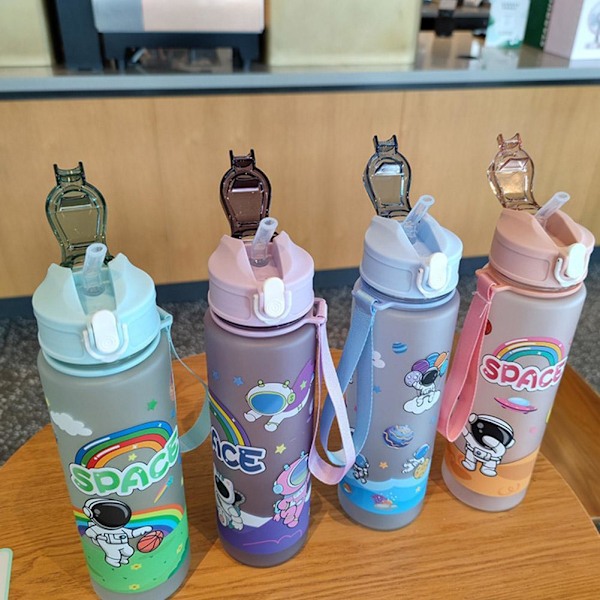 Sommar Tecknad Astronaut Frostat Vattenflaska Studsande Lock Sugrörskopp, 800ml I5 pink 800ml