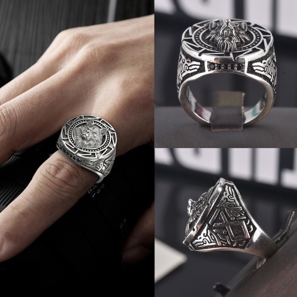 Wolf Ring for Men Norse Viking Nordic Wolf Head Ring Retro Wolf silver8 8