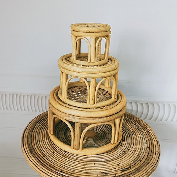 RJSQAQE Rattan Plant Stands, Liten Boho Rattan Wicker Rund Riser RattanS S