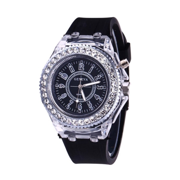 Mode Kvinnor Watch Blixt LED-ljus Crystal Quartz Sp Black One size