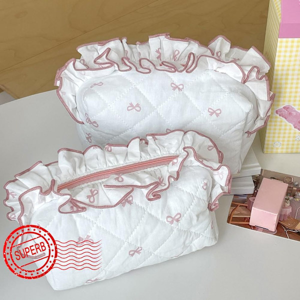 Kosmetikväska med spetsrosett, bärbar söt och fräsch väska för studenter, förvaring, volanger, hög väska, clutch D6c9 Pink S