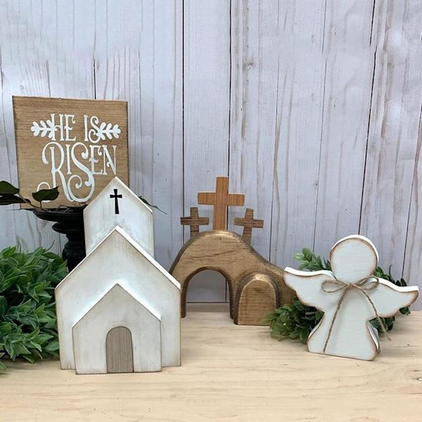 4 ST Påsk Tom Grav Dekor Trä Nativity Scene Set Uppståndelse`-