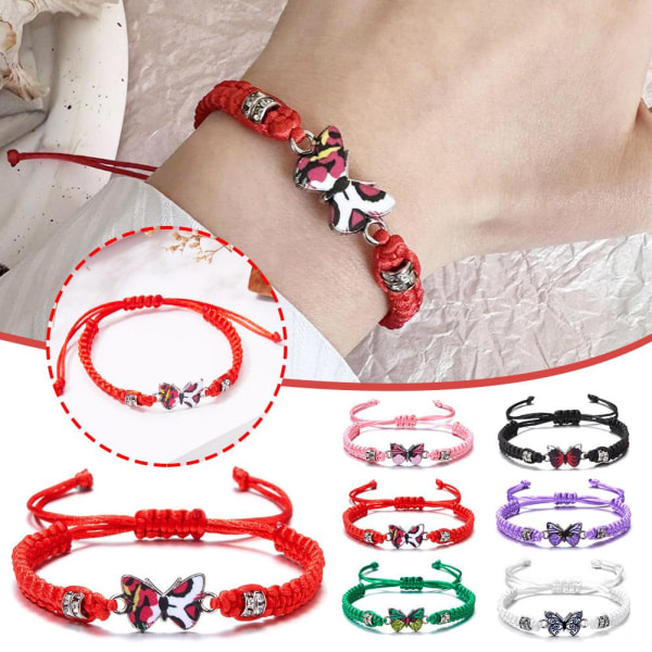 Enkelt flätat snöre armband för kvinnor blå fjäril justerbar flickpresent C0 Red One size