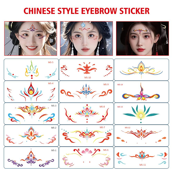 Ögonbrynsstickers för flickor, festivalframträdanden, Hanfu-panna C SET  5pcs