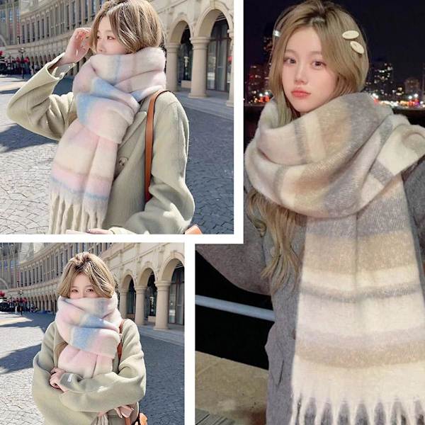 Koreansk Stil Randig Rutig Halsduk Klassisk Fransad Tofsar Halsduk Höst Mjuk Lång Fuskpäls Vinter R3P3 Pink One size