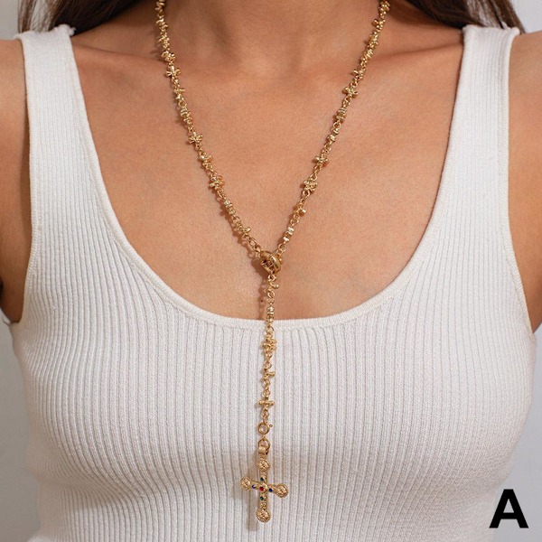 Pärlkors Y-formad Kedja Halsband Lång Mångsidig Tofs Tröja Golden 1pcs
