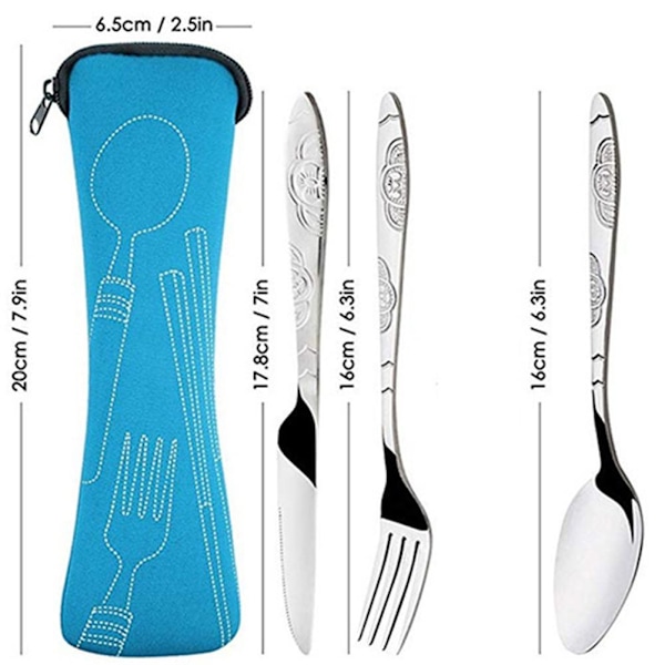 4-delad bestickuppsättning gaffel kniv sked och tesked stål rese blue 4pcs