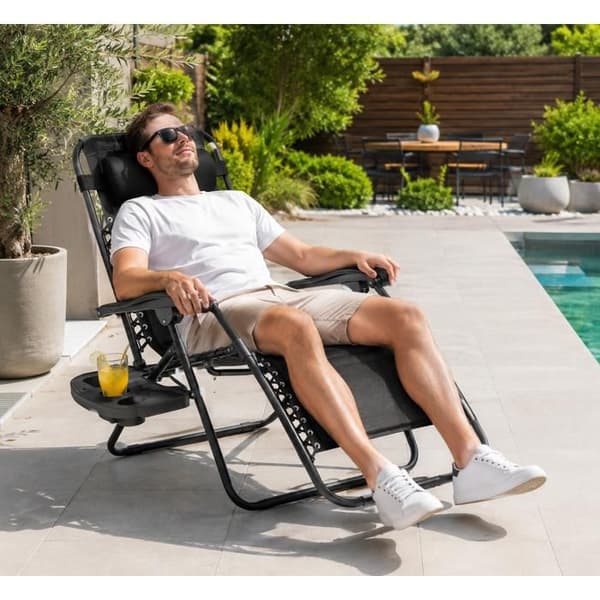 Fällbar Inklinerbar Zero Gravity Relax Stol med Koppställ, Svart Nackkudde Svart