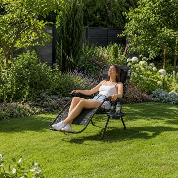 Havemøbel Relax Stole Zéro Gravité ADM Sammenklappelig Vippende med Kopholder, Sort Hovedpude Svart