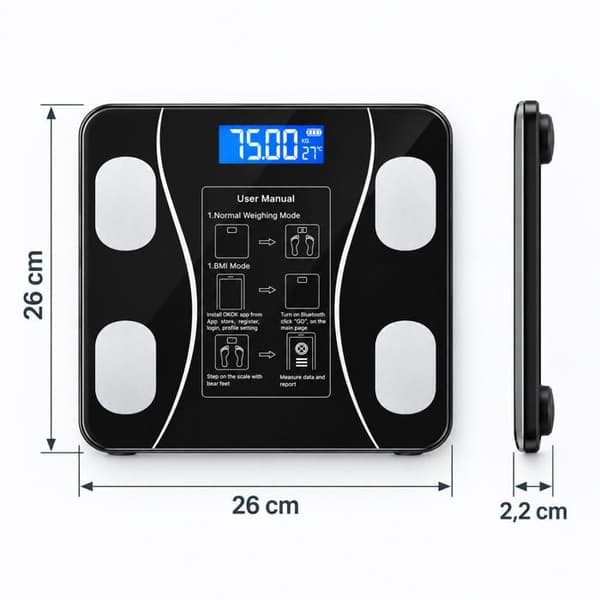 Bluetooth-våg 180 kg – Impedansvåg, 19 kroppsmått, iOS/Android, 2 AAA-batterier – Svart Svart