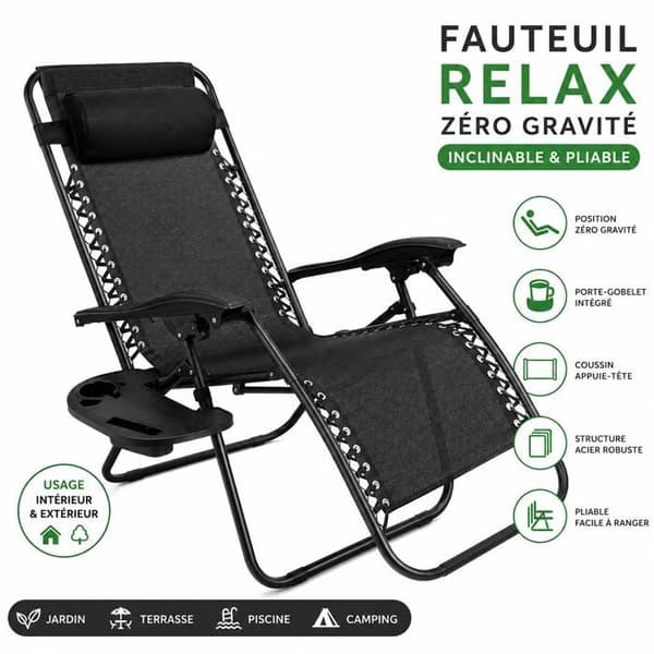 Fällbar Inklinerbar Zero Gravity Relax Stol med Koppställ, Svart Nackkudde Svart