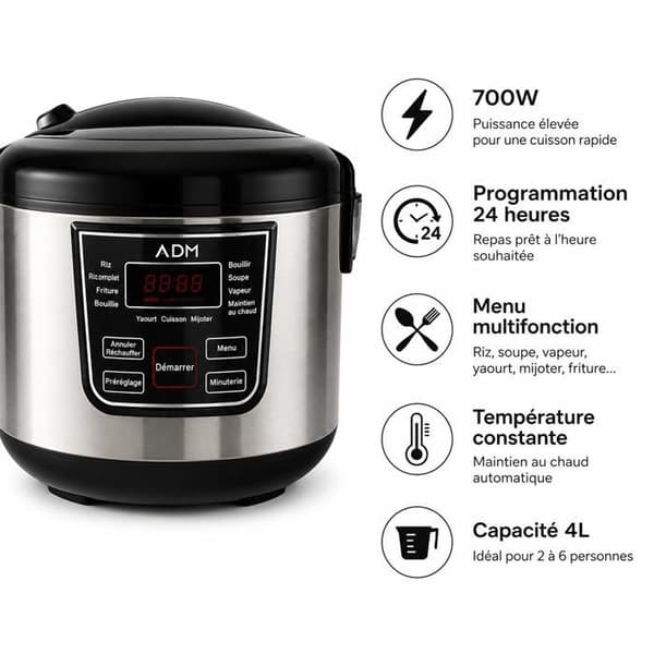 Multikokare 4L 700W ADM – Elektrisk Riskokare 12 Program – Ångkokning, Soppa, Yoghurt – Håll varm – LED-skärm