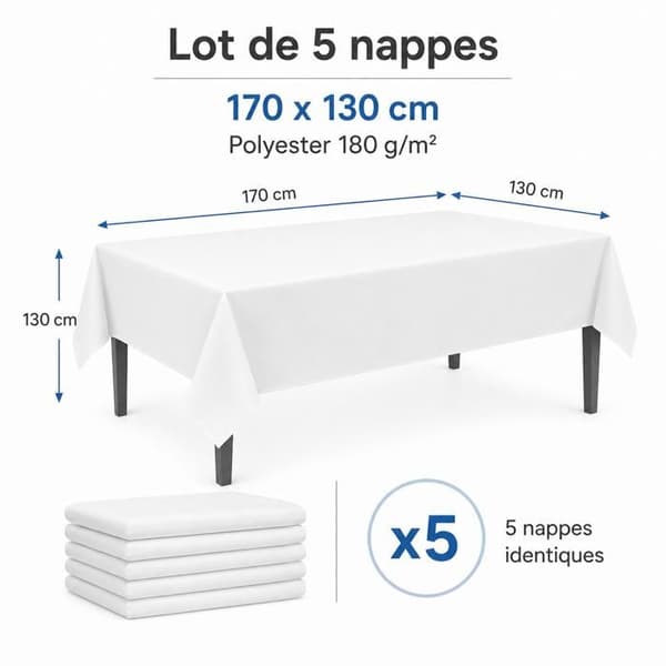 Sæt med 5 Vandafvisende Hvide Duge 170 x 130 cm – Vaskbar Polyester Rektangulær Dug til Bryllupsreception Vit
