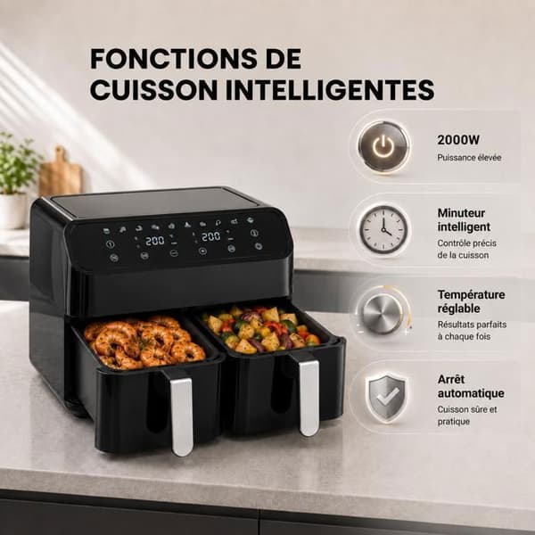 Dubbel luftfritös 8 L 2000 W - Dubbel korg 4 L + 4 L - 10 program - LED pekskärm - Utan olja